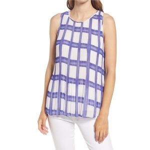 ❤️ Halogen Sleeveless Pleated Georgette Top in Ivory- Blue Plaid, Large ❤️ F3